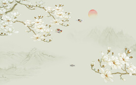 新中式工笔花鸟画床头背景墙