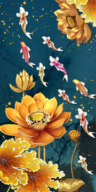 简约水墨轻奢抽象荷花九鱼图玄关