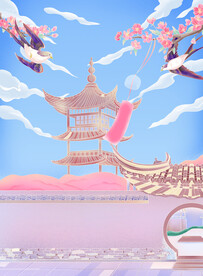 古建筑樱花燕子国风插画