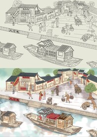 古建筑集市线稿插画