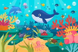 卡通海豚海底鲸鱼珊瑚热带鱼背景