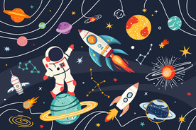 手绘宇航员卡通火箭太空星球背景