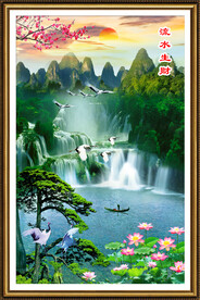 山水画瀑布迎客松