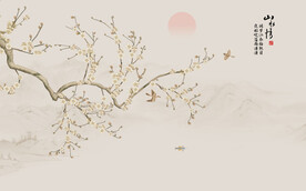 新中式工笔花鸟画床头背景墙