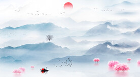 新中式水墨山水客厅卧室背景