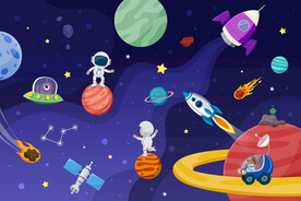 卡通宇航员外太空火箭星球背景墙