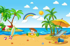 卡通沙滩蓝天白云背景画