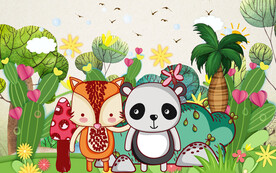 卡通熊猫狐狸背景墙