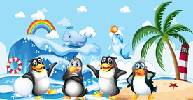 沙滩企鹅海洋卡通背景墙