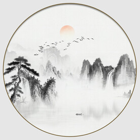 新中式迎客松山水画