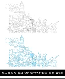 矢量线条祥云宝塔