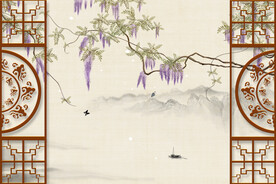 中式屏风花鸟图