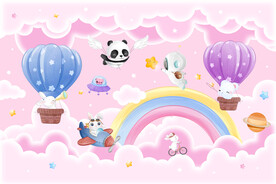 卡通彩虹可爱动物热气球云朵背景