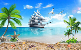 蓝天白云大海沙滩背景墙