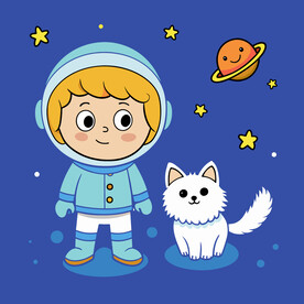 矢量人物儿童宇航员和他的猫