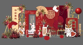 红色新中式卡通兔子主题周岁宴