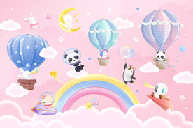 可爱动物气球卡通粉色天空背景墙