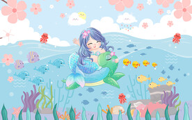 可爱美人鱼海底世界儿童房背景墙