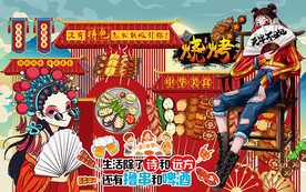 国潮风撸串烧烤工装背景墙