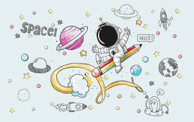 可爱卡通铅笔太空人儿童房背景墙