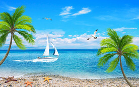 蓝天白云大海沙滩背景墙