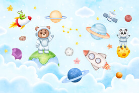可爱动物宇航员卡通太空星球背景