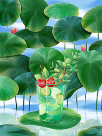 立夏节气荷塘青梅樱桃饮料插画