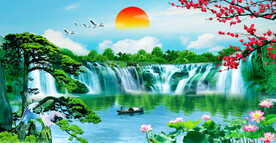 流水生财瀑布山水画