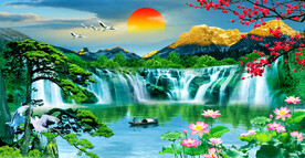 流水生财瀑布迎客松山水装饰画