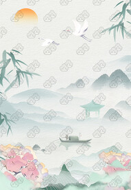 中国风古风山水江面仙鹤落日插画