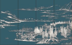 原创新中式复古山水楼阁背景墙壁
