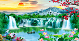 旭日东升瀑布山水装饰画