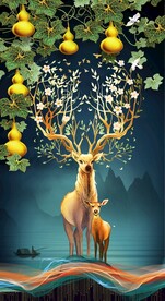 玄关五福发财鹿装饰画