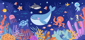卡通海底珊瑚可爱鲸鱼章鱼背景墙