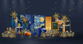 蓝橙梵高星空浪漫婚礼合影