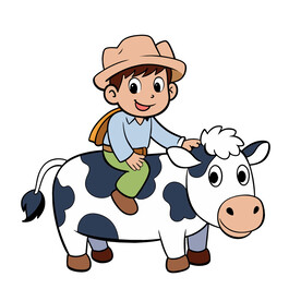 矢量人物骑着奶牛的孩子