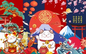 招财猫日式料理背景墙图片