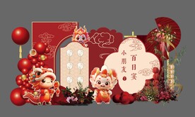 新中式红色卡通龙主题宝宝宴背景