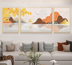 新中式招财山水金鹿轻奢装饰画