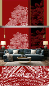 新中式轻奢楼阁山水背景轻奢壁画