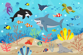 卡通鲨鱼海底鲸鱼珊瑚水族馆背景