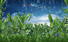 3d热带植物花鸟背景墙