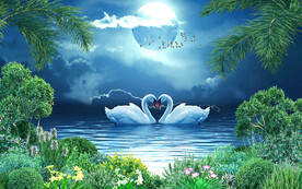 梦幻天鹅湖月亮风景画