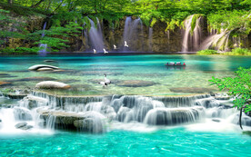 清新流水生财背景墙