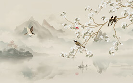 古画工笔花鸟屏风