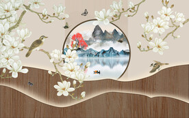 新中式工笔花鸟手绘玉兰花背景墙