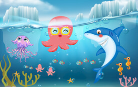 可爱卡通冰川鲨鱼儿童房背景墙