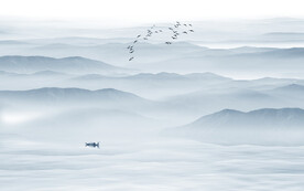 大气蓝色水墨山水画背景墙