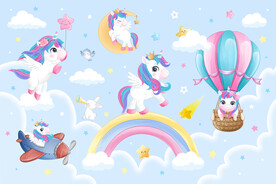 蓝色天空卡通彩虹独角兽星空背景