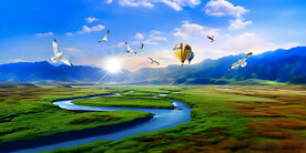 雪山下的草原河流